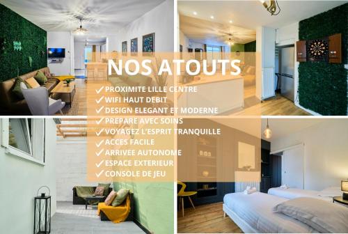 a collage of photos of a bedroom and a living room at Le Bellagio - Les Demeures d'Adrien in Lille