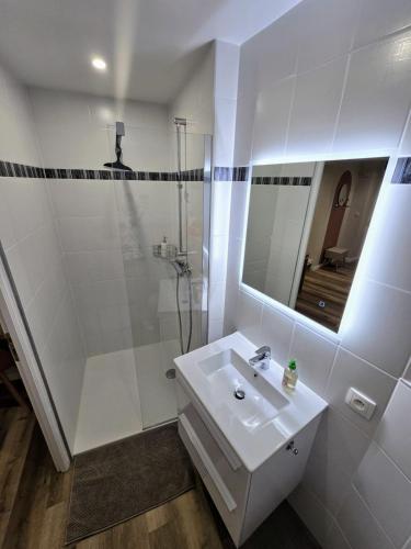 une salle de bain blanche avec un lavabo et une douche dans l'établissement Studio Route des Vins d 'Alsace, à Eichhoffen