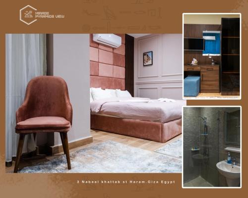 a bedroom with a bed and a chair and a bathroom at Mirage pyramids view hotel in Cairo