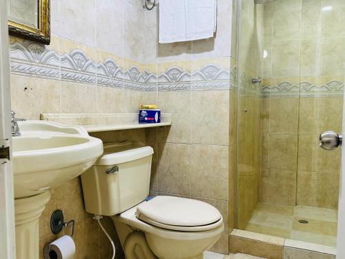 a bathroom with a toilet and a sink and a shower at Apartamento Alvarez in Cartagena de Indias
