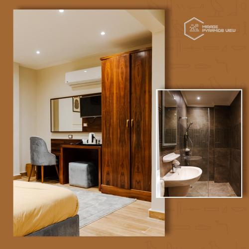 a bedroom with a bathroom with a sink and a shower at Mirage pyramids view hotel in Cairo
