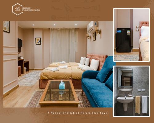 a living room with a couch and a blue couch at Mirage pyramids view hotel in Cairo