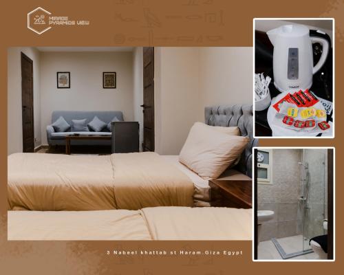 a room with a bed and a living room with a couch at Mirage pyramids view hotel in Cairo