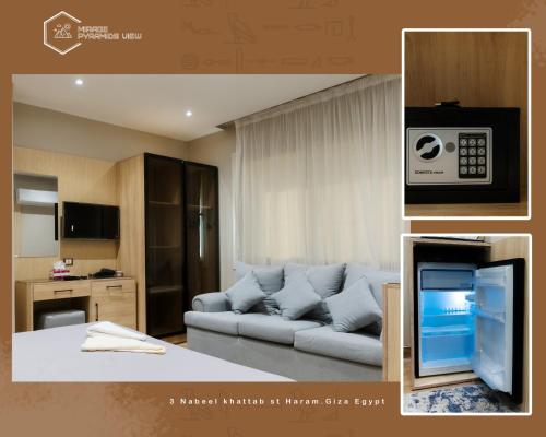 a living room with a couch and a tv at Mirage pyramids view hotel in Cairo