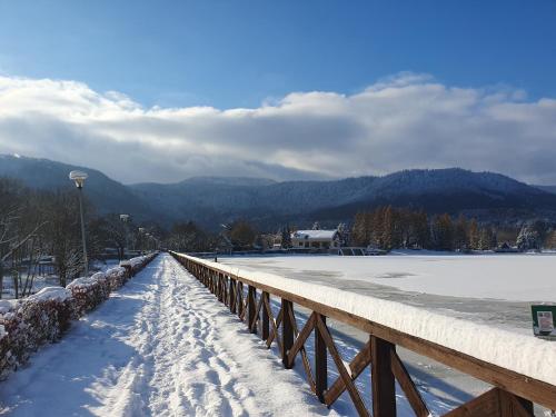 a bridge covered in snow with mountains in the background at Domki z Widokiem in Wünschelburg