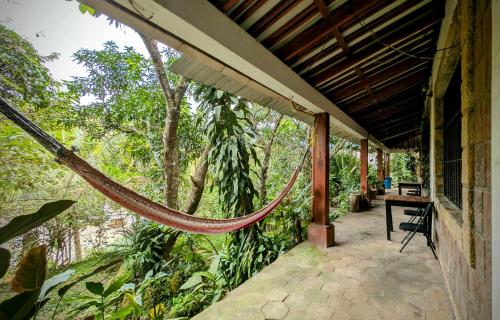 a hammock on the outside of a house in the woods at Guamacayan House in Copan Ruinas