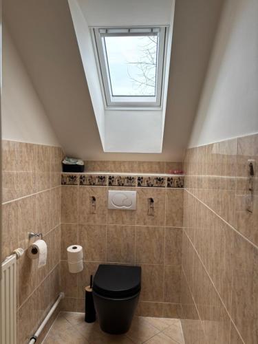 a bathroom with a toilet with a skylight at Rodinný dům v klidném prostředí in Slavkov pod Hostýnem