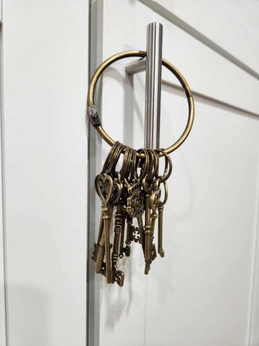 a bunch of keys hanging on a door at Steampunk Haven in the Heart of Tacoma! in Tacoma