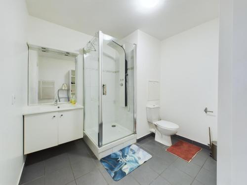 une salle de bain avec douche et toilettes dans l'établissement Roi de la Seine à Paris, stade, Gare parking et terrasse, à Saint-Denis