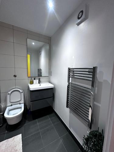 a bathroom with a toilet and a sink and a mirror at Modern Apartment in Central London By River Thames in London