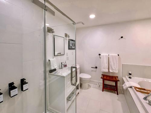 a bathroom with a shower and a toilet and a sink at Peaceful Golf Spa in Collingwood