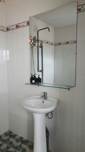 a bathroom with a white sink and a mirror at Cat Tien Backpackers Hostel in Cat Tien