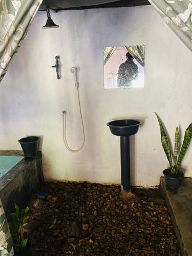 a bathroom with a shower with a toilet and a sink at The Forest Edge Resort in Dambulla