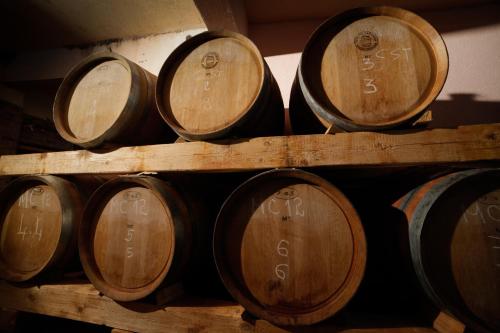 a bunch of wine barrels stacked in a room at Hotel Merlot in Opuzen