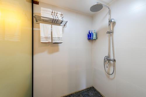 a shower in a bathroom with a glass door at Kunming Mountain Wowo Hefeng Dieyuan B&B in Kunming