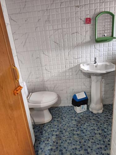 a bathroom with a toilet and a sink at Shambhavi Deepa gurusadhana guest house in Madikeri