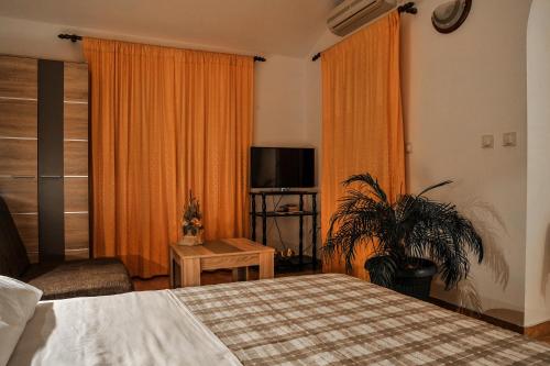 a bedroom with a bed and a tv and a plant at Huter Apartments in Herceg-Novi