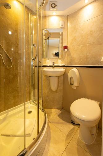 a bathroom with a toilet and a sink and a shower at Stay Inn Manchester in Manchester