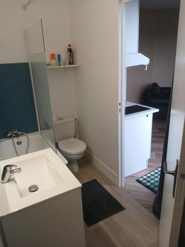 une salle de bain avec un lavabo blanc et des toilettes dans l'établissement 1Centre ville avec parking, à Montauban