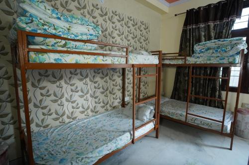 two bunk beds in a room with a wall at Om Trance Homestay in Jaipur