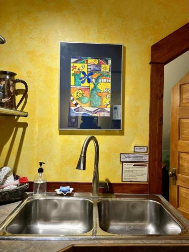 a kitchen counter with a sink and a painting on the wall at Mistiso's Place Vacation Rentals in Nelson
