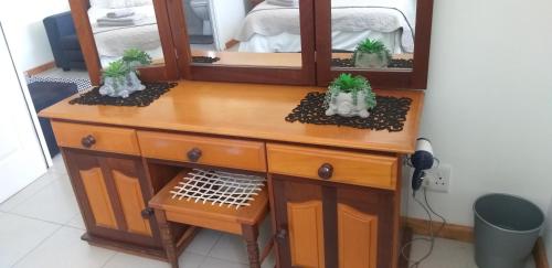 a wooden dresser with a mirror and some plants on it at Dassen Cove Self Catering in Plettenberg Bay