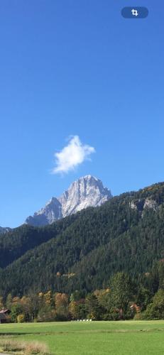 a snow covered mountain in the distance with a green field at Apartment Elena in Hinterstoder