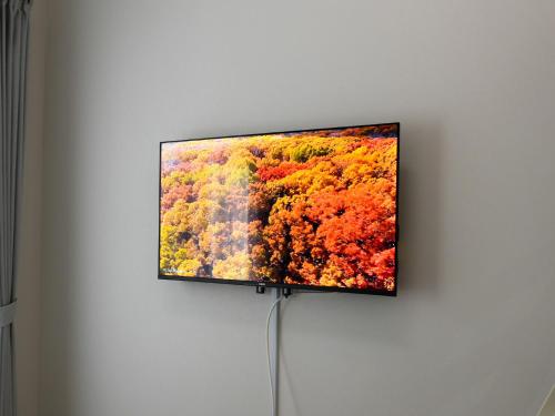 a flat screen tv hanging on a wall at OUCHI HOTEL Onaganishi in Hiroshima