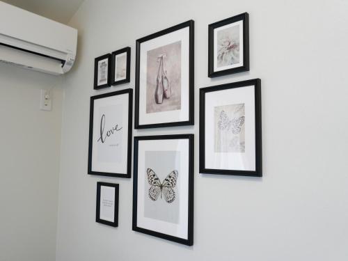 a group of framed pictures of butterflies on a wall at OUCHI HOTEL Onaganishi in Hiroshima