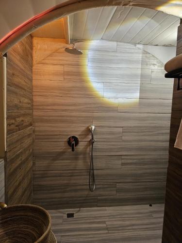 a shower in a room with a wooden wall at Nirvana Retreat By Patanjali Wellness Initiative in Ras al Khaimah