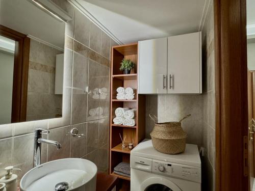 a bathroom with a sink and a washing machine at Hillview Apartments Chalkis in Kánithos