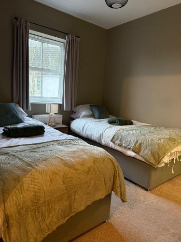 a bedroom with two beds and a window at Spacious Contractor House for Families, Groups, and Free Parking in Yeovil