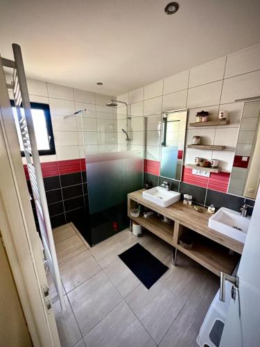 une salle de bain avec deux lavabos et une douche dans l'établissement L'Abri de Malaucène - Gîte Cycliste, à Malaucène