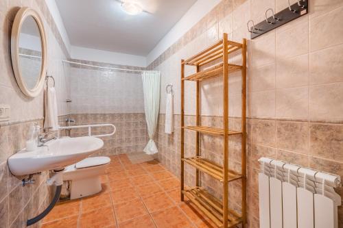 een badkamer met een wastafel, een toilet en een spiegel bij Apartamentos Haza La Moraleda 2 y A in Güéjar-Sierra