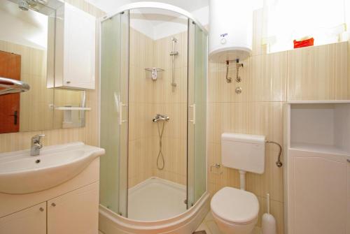 a bathroom with a shower and a toilet and a sink at Pisak holiday homes in Pisak