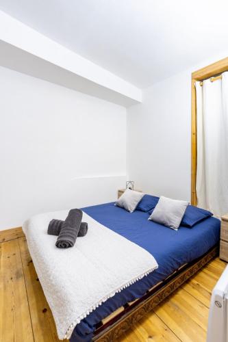 Ce lit se trouve dans un dortoir bleu et blanc. dans l'établissement Cosy & Duplex - Appartements au coeur de la vieille Ville, à Clermont-Ferrand