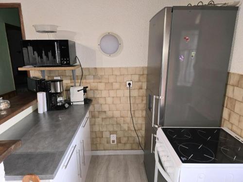 Il comprend une cuisine équipée d'un grand réfrigérateur en acier inoxydable. dans l'établissement Lescurette, à Fossemagne