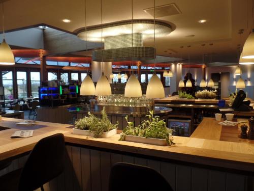 a restaurant with a bar with potted plants on a counter at ´t Wapen van Marion in Oostvoorne