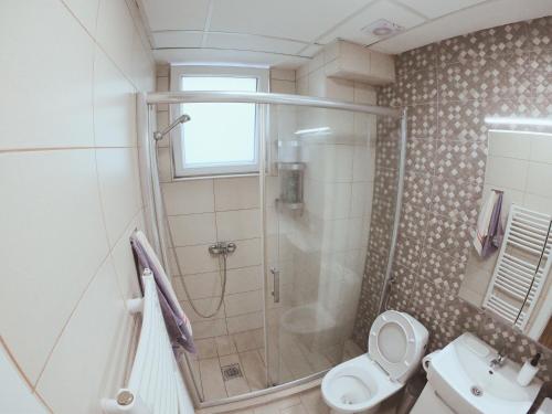 a bathroom with a shower and a toilet and a sink at Magnolia Apartment in Skopje