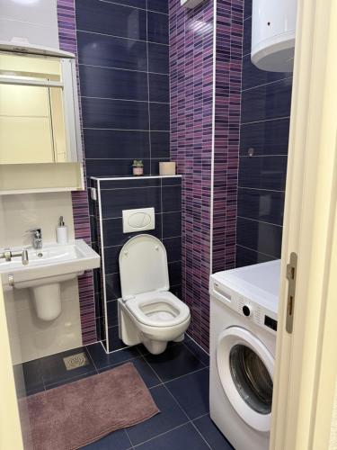 a bathroom with a toilet and a sink and a washing machine at City Apartment Banja Luka sa Parkingom u garazi in Banja Luka