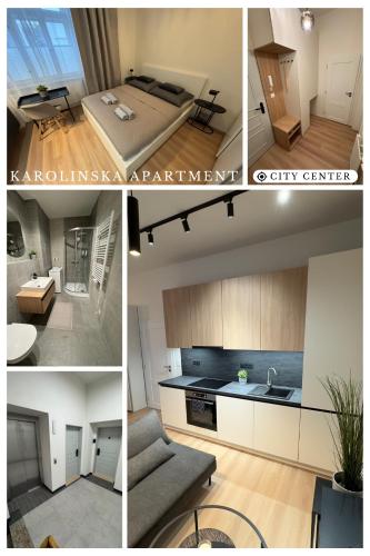a collage of four pictures of a kitchen and a room at Karolinska Apartment City Center in Ostrava