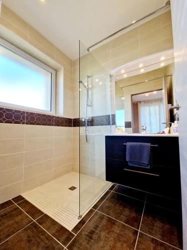 a bathroom with a glass shower and a sink at LES JARDINS DE LA GRANGE in Rezonville