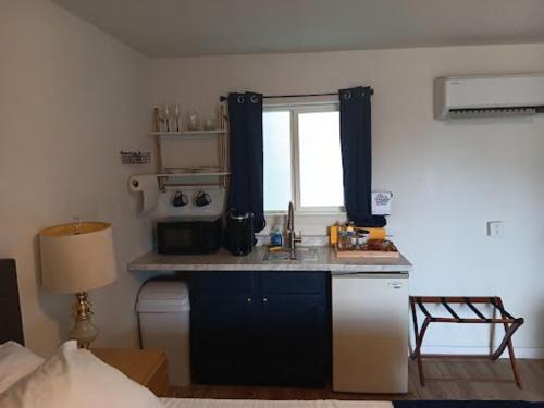 una piccola cucina con un lavandino e una finestra di The Link Vintage Motel #8 a Lovelock