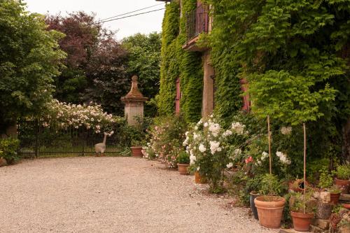 a garden with pots of flowers and a fence at La Maison des Roses, mit Pool in Molas