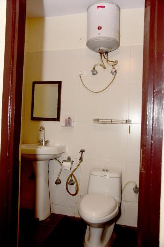 a bathroom with a toilet and a sink at Blue bell cabins in Bhowāli
