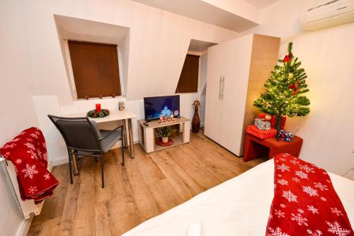 Un dormitorio con un árbol de Navidad en la esquina de una habitación. en Budget Accommodation, en Bucarest
