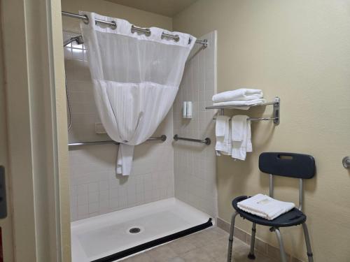 a bathroom with a shower with a shower curtain at Clarion Inn in Sierra Vista