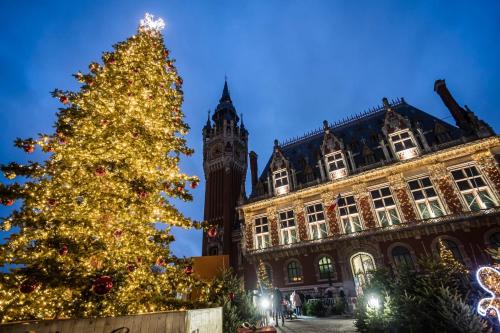 a christmas tree in front of a building with a clock tower at La maisonnette de Camillou in Calais