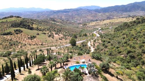 arial view of a valley with palm trees and a pool at Castle Tower apartment PICASSO in rural holiday park in Tolox