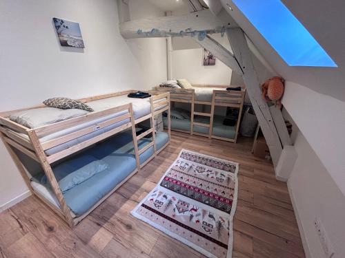 - une vue de tête sur une chambre avec des lits superposés dans l'établissement La chambre des petits voyageurs, à Sennecey-lès-Dijon